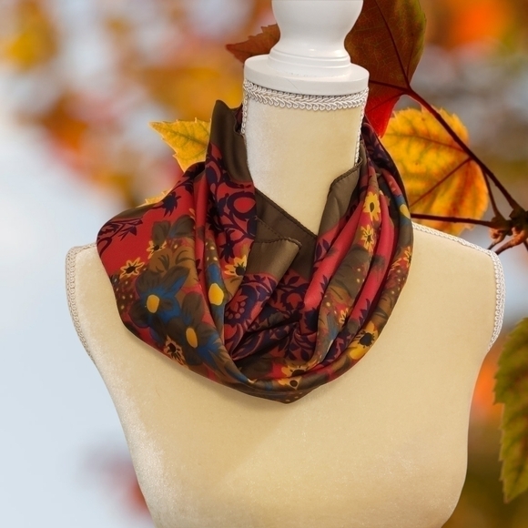 BERKSHIRE 𝅺silken POLYESTER By Scarf Chiffon Red Brown Fall Floral - Picture 1 of 6